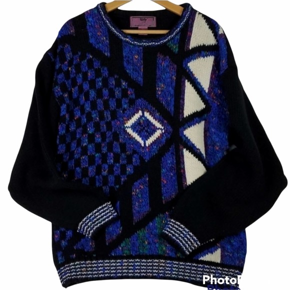 Geometric Patterned Blue and Black Sweater - Picture 1 of 6